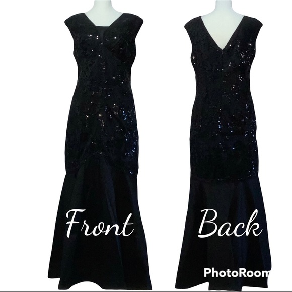 MARINA BLACK TRUMPET DRESS SEQUINS WITH TAFFETA SKIRT SIZE 10 Length Shortened - Picture 2 of 8